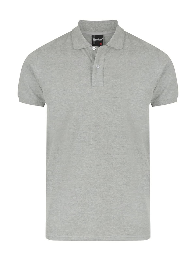 A light grey men's polo shirt with a collar and three buttons, featuring a logo.