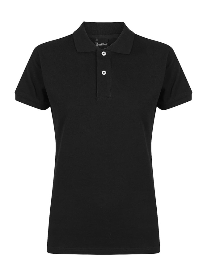 A black ladies' polo shirt featuring a collared design and button placket, with a branding logo.