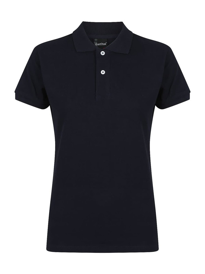 A navy blue ladies' polo shirt featuring a classic collar and three-button placket. It has a logo on the chest.