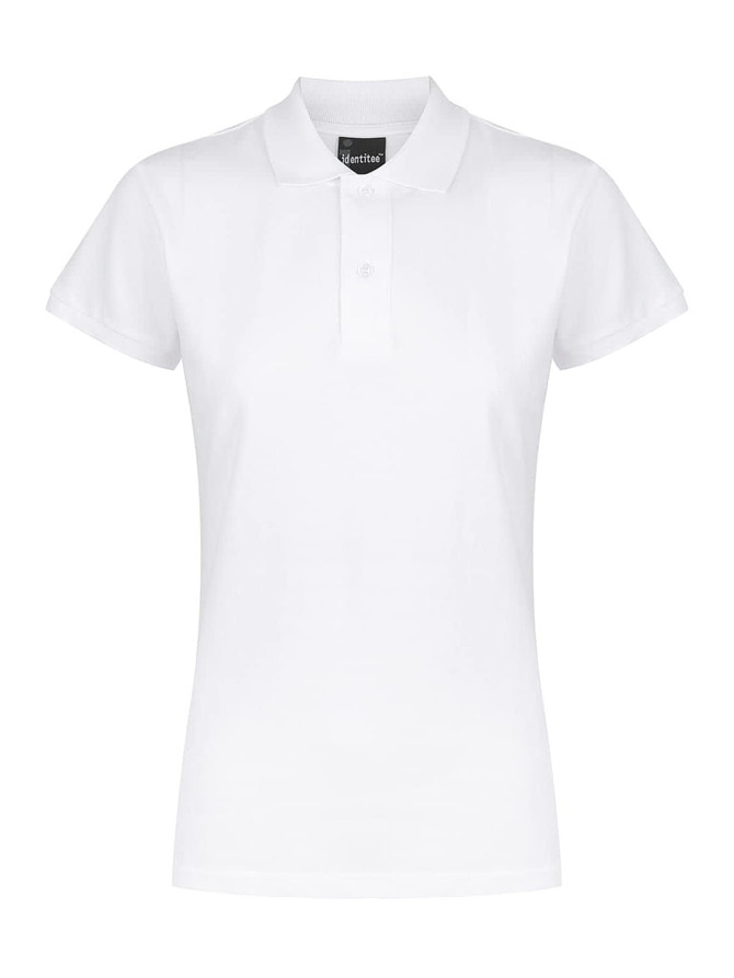 A white ladies' polo shirt with short sleeves and a collar, featuring a branded label.