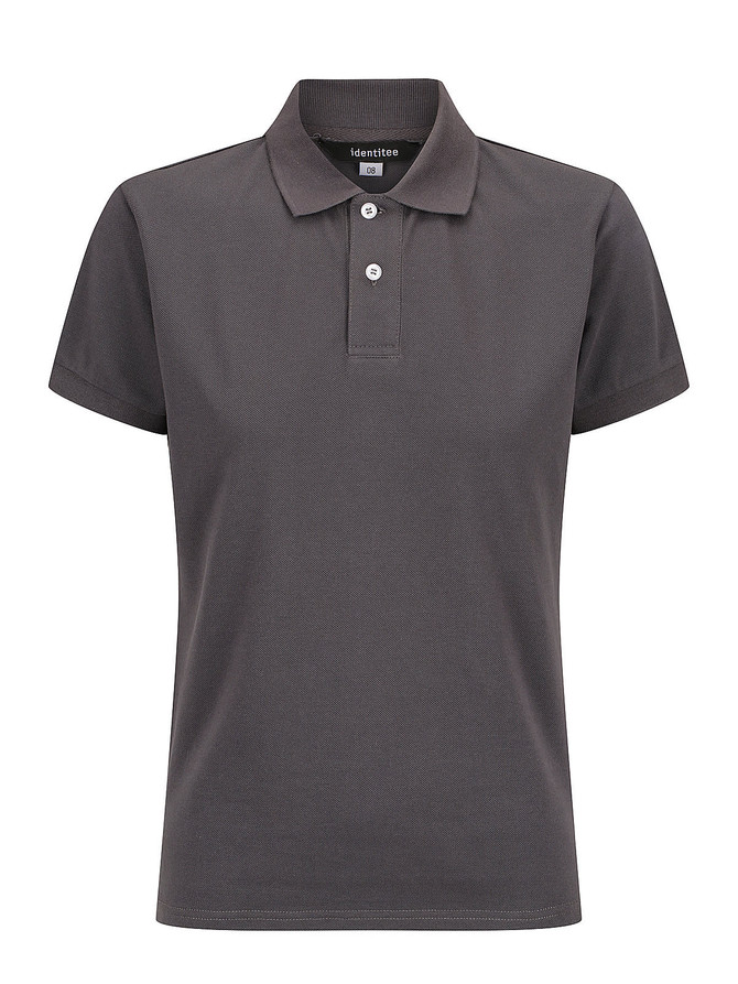A ladies' polo shirt in dark grey, featuring a classic collar and button placket, with a logo on the label.