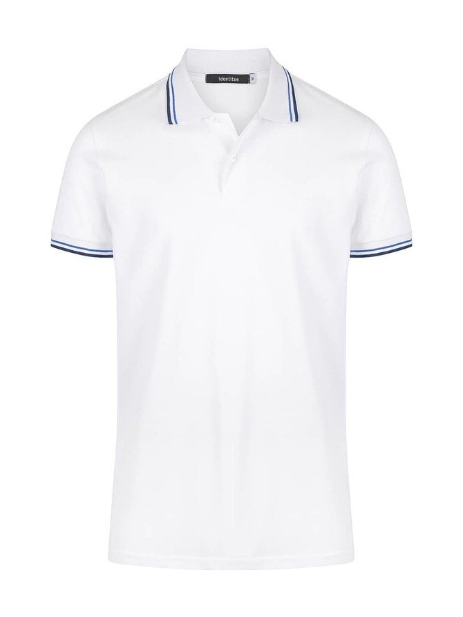 A white men's polo shirt featuring blue striped accents on the collar and sleeves, with a logo on the chest.