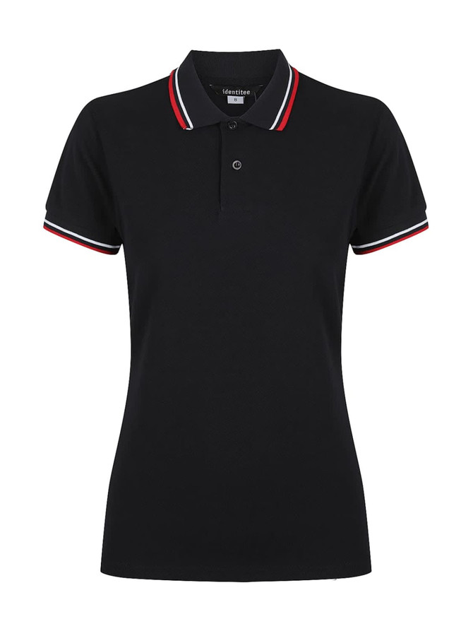 A black ladies polo shirt with a collar and striped detailing in red and white. It features a logo on the chest.