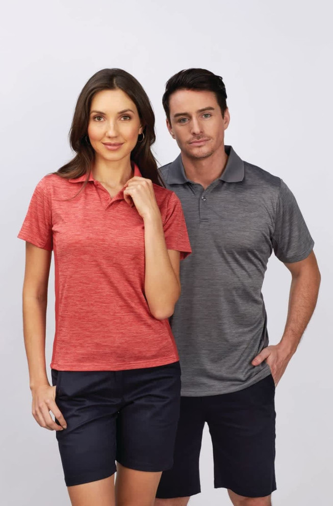 A red and a grey polo shirt displayed on a man and a woman, featuring a logo on the shirts.