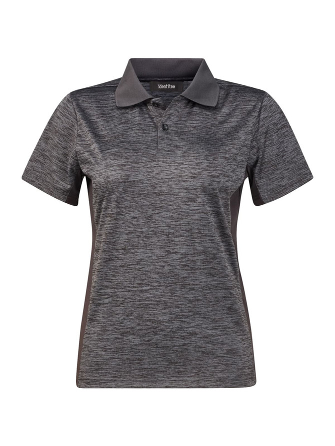 A women's polo shirt in dark grey with a textured finish, featuring a collar and three buttons. It has a logo on the chest.