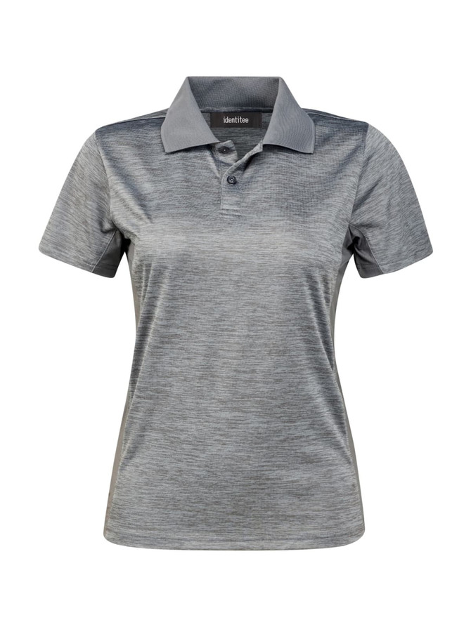 A grey ladies' polo shirt featuring a collar and a branded logo. Suitable for casual or semi-formal wear.