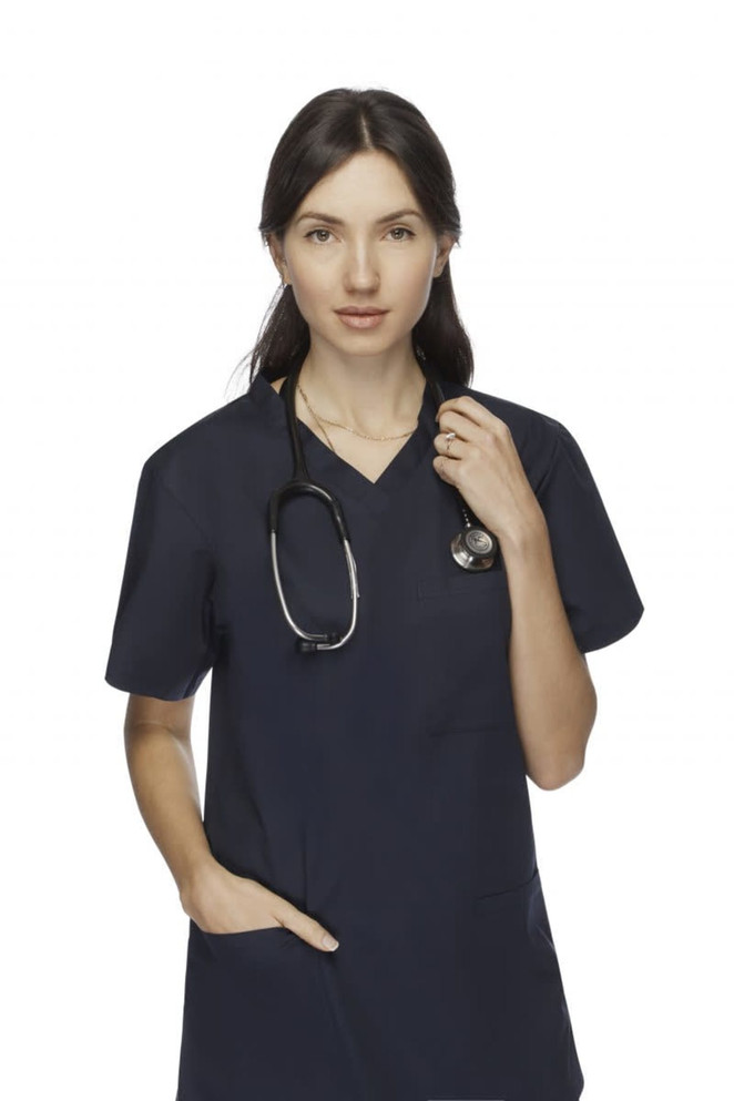A unisex navy scrub top featuring a V-neck design and a pocket, with a stethoscope draped around the neck.