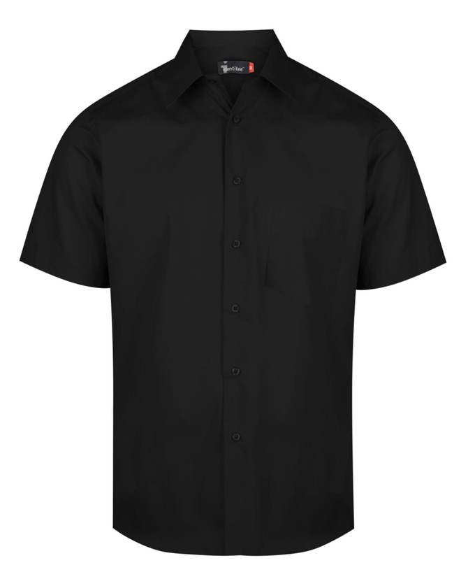 A black short sleeve button-up shirt with a collar and a chest pocket, featuring a logo.