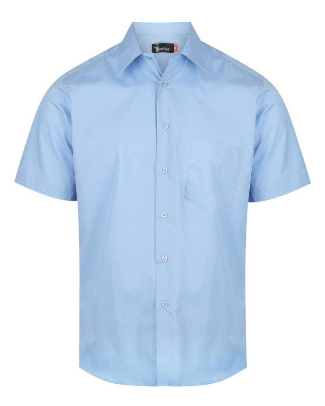 Light blue short sleeve button-up shirt featuring a pocket and a logo on the label.