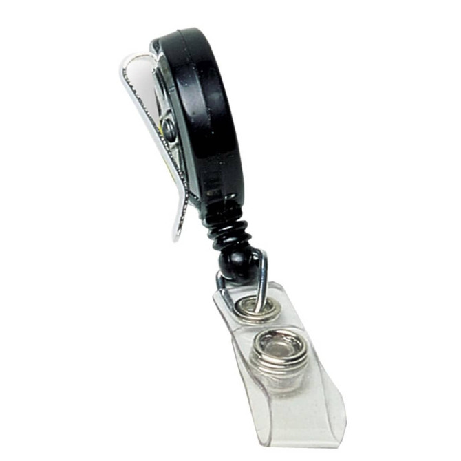 A black retractable badge holder with a clear reel attachment and a metal clip.