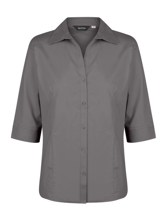 A button-up shirt in grey with 3/4 sleeves and a collar, featuring a logo on the design.
