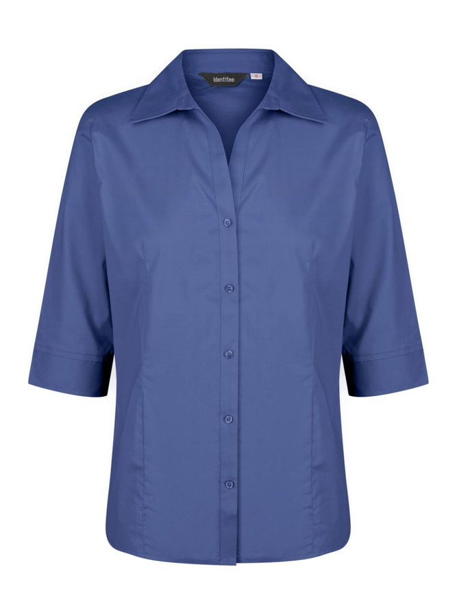 A ladies' button-up shirt with 3/4 sleeves in a deep blue shade, featuring a collar and buttons down the front.