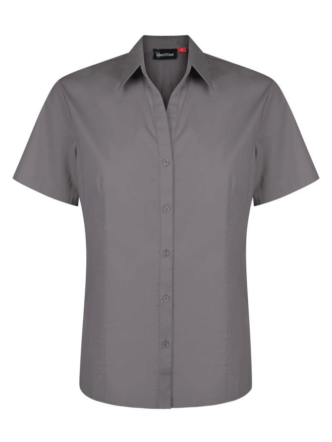 A grey ladies short sleeve button-up shirt with a collar, featuring a logo on the label.