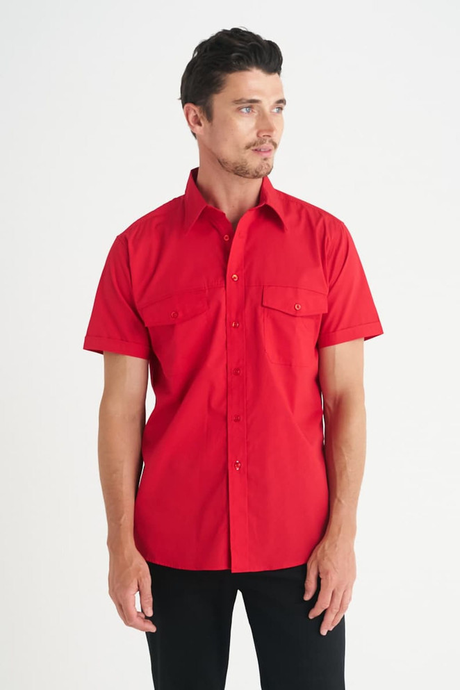 A red short sleeve button-up shirt for men with two chest pockets and a brand logo.