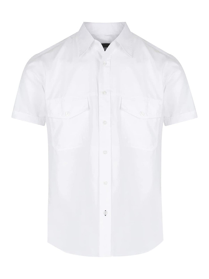 A white short sleeve button-up shirt with two chest pockets and a branding logo.