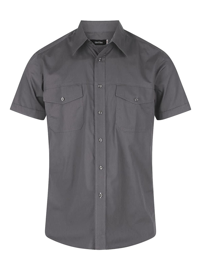A grey short sleeve button-up shirt with two front pockets and a logo.