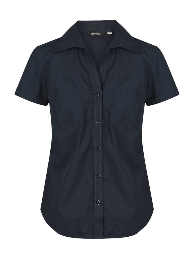 A button-up shirt in navy blue with short sleeves and two front pockets, featuring a subtle logo.