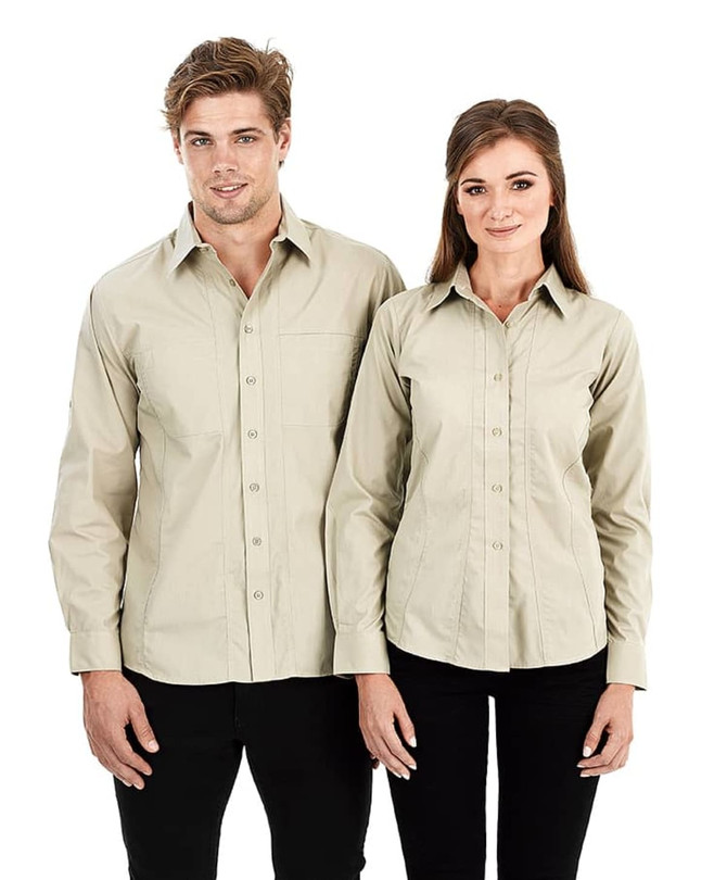 Aston men's long sleeve button-up shirt in a light beige colour, modelled by a man and a woman.