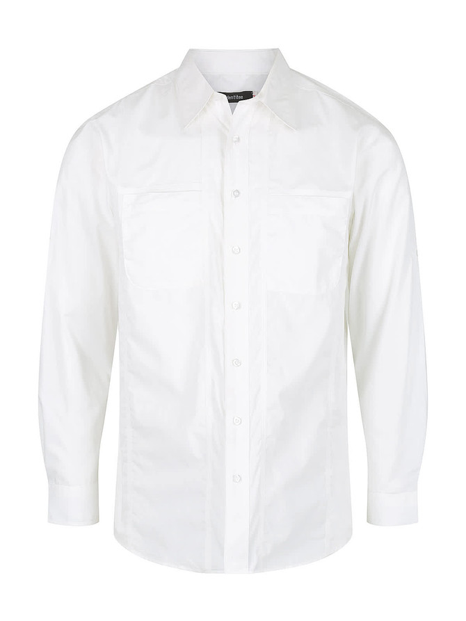 A white long sleeve button-up shirt with two chest pockets and a collar. Features branding on the label.