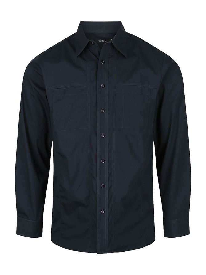 Aston men's long sleeve button-up shirt in dark blue, featuring two chest pockets and a branded logo.
