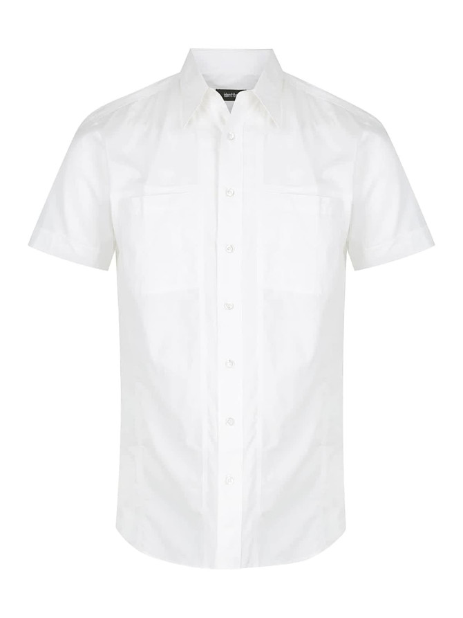 White short sleeve button-up shirt featuring two chest pockets and a logo on the label.