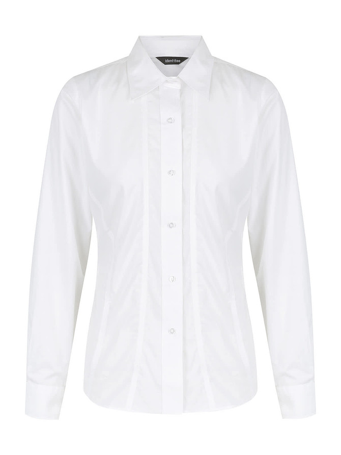 A white long sleeve button-up shirt for ladies, featuring a classic collar and a fitted design.