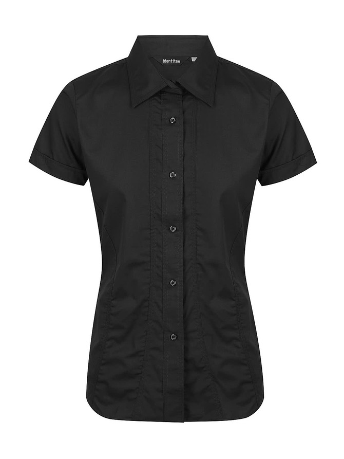 Black short sleeve button-up shirt featuring a fitted design and a collar, with a logo on the label.