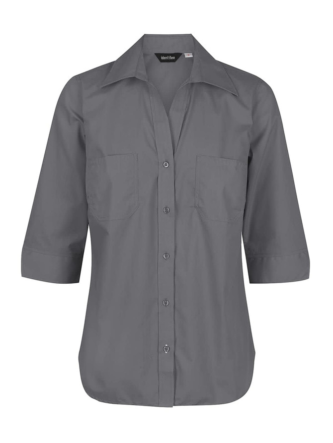A grey ladies' 3/4 sleeve button-up shirt with a collared neck and two front pockets. Branding is present.