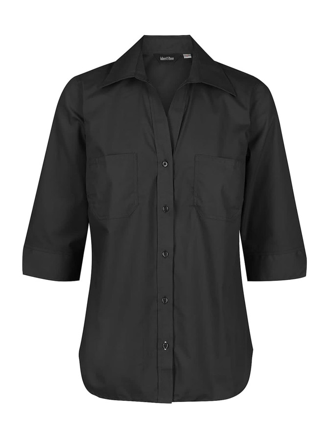 A black ladies' 3/4 sleeve button-up shirt with two chest pockets and a collar. It has a subtle branding detail.