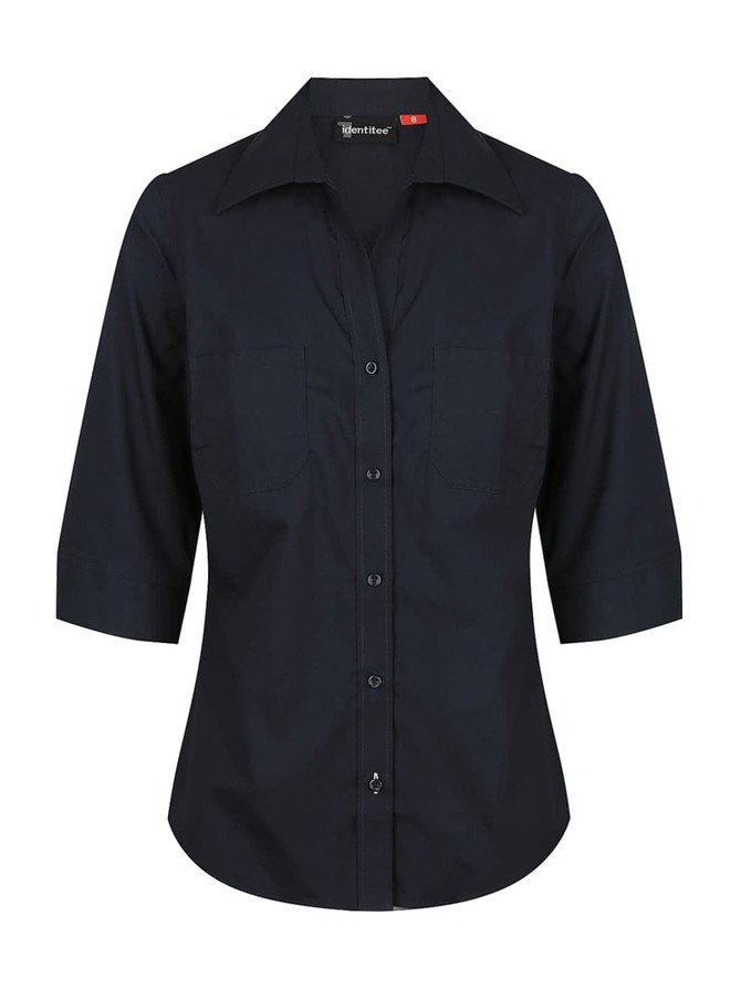 A ladies' 3/4 sleeve button-up shirt in black with two front pockets and a logo.