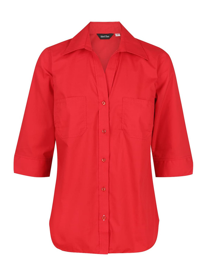 A red ladies' 3/4 sleeve button-up shirt with two front pockets and a collar, featuring a logo.