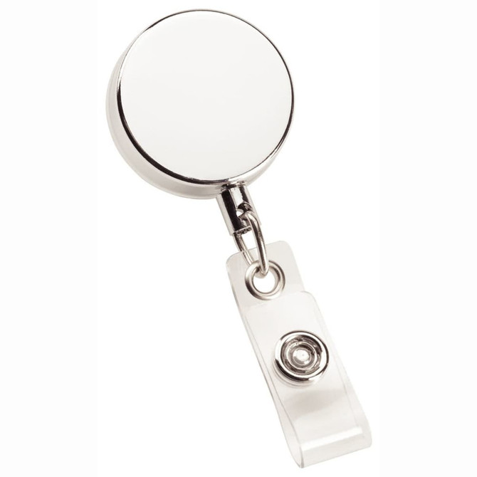 A silver metal zip pull badge holder with a clear attachment for securing badges.