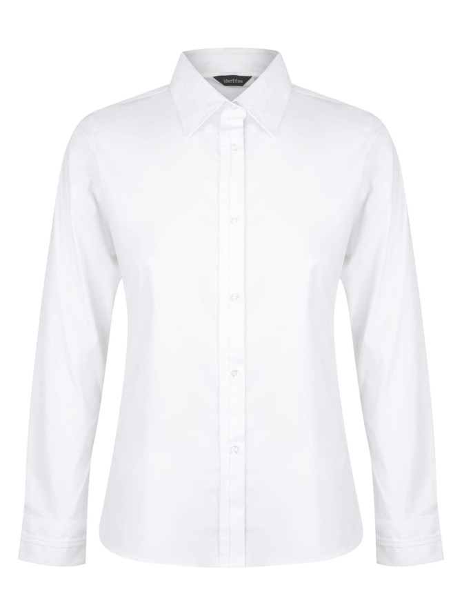 A white ladies' long sleeve button-up shirt featuring a collar and button closure, with a logo on the label.