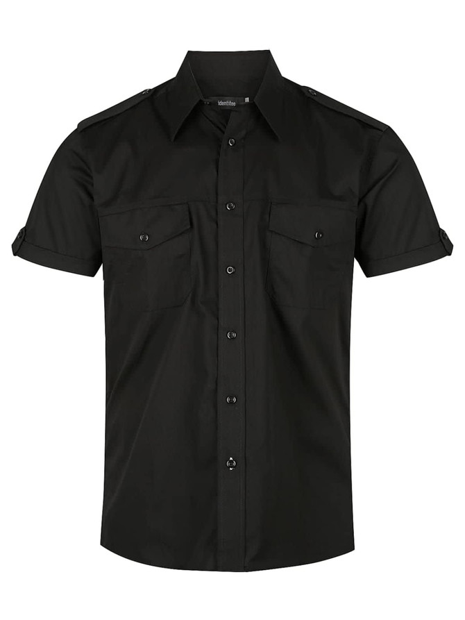 A black short sleeve button-up shirt featuring two front pockets and shoulder details.