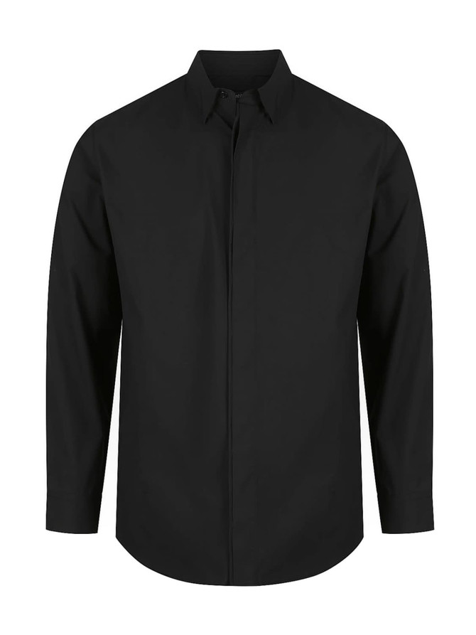 A black long sleeve button-up shirt featuring a collar and a sleek design, with a logo present.