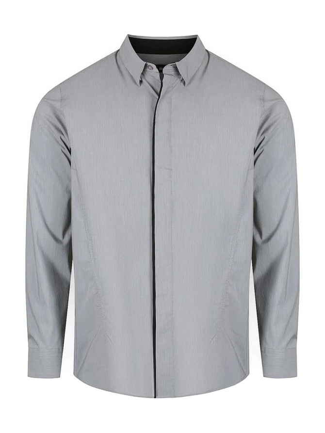 A light grey long sleeve shirt with a button-up front and collar, featuring a logo on the chest.