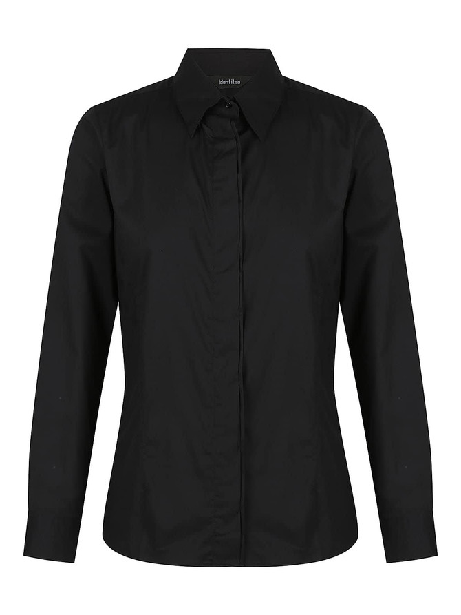 A black ladies long sleeve button-up shirt with a collar and front placket, featuring a logo on the label.