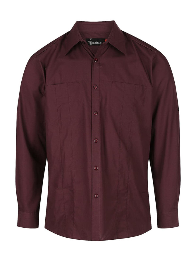 A burgundy long sleeve button-up shirt featuring a collar and front placket. It has a logo on the sleeve.