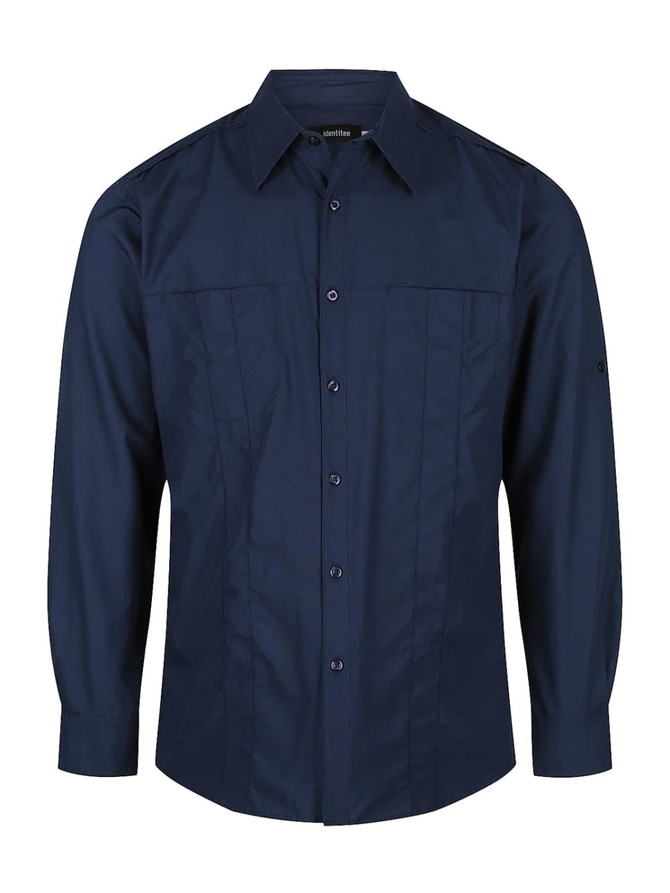 A men's long sleeve button-up shirt in navy blue with a logo on the sleeve.