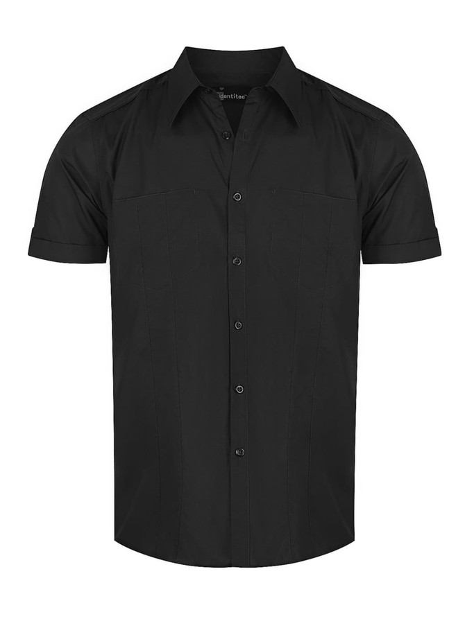 A black short sleeve button-up shirt with a sleek design and a logo on the collar.