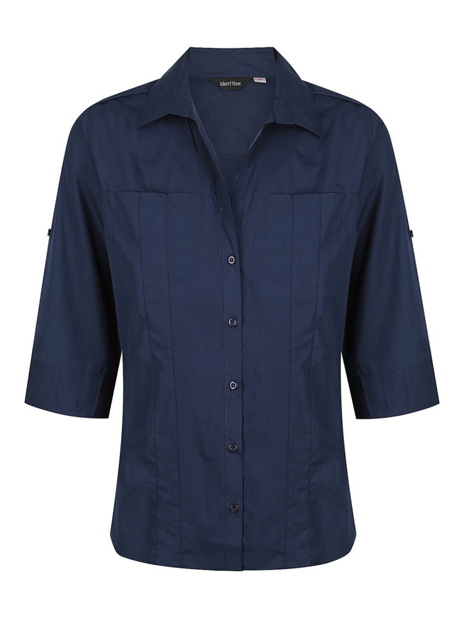 A navy blue ladies 3/4 sleeve button-up shirt featuring a collar and a logo.