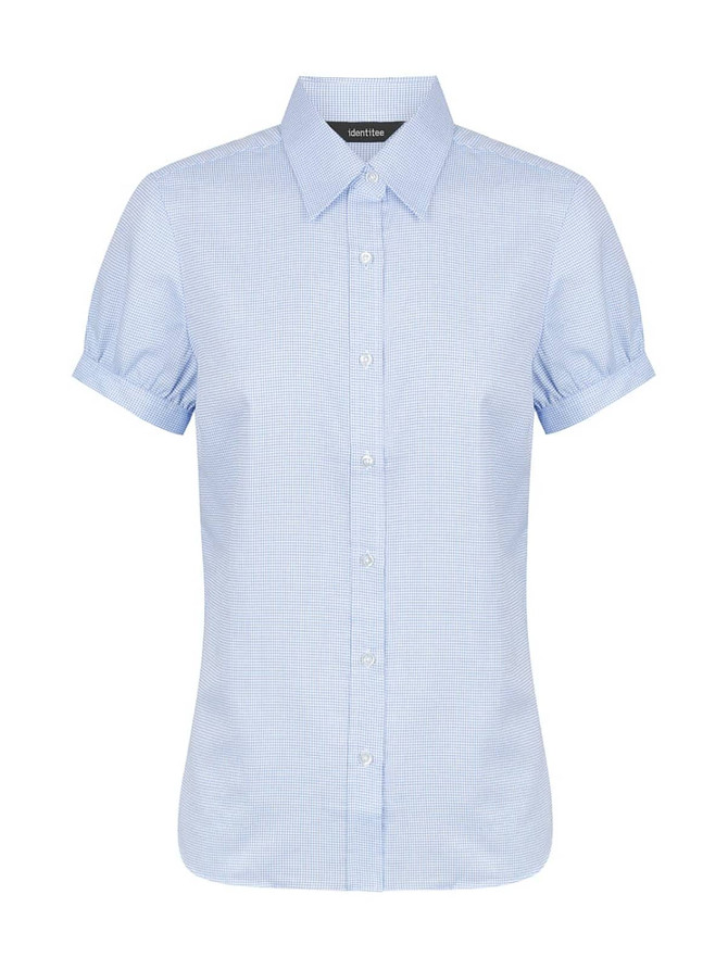 A short sleeve button-up shirt in light blue with a check pattern and a logo on the collar.