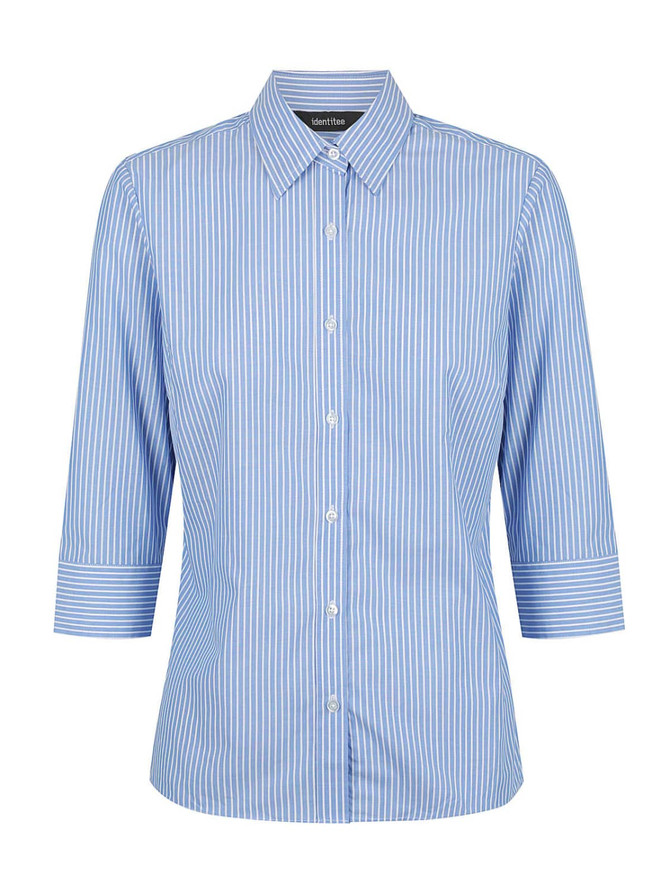 A blue and white striped 3/4 sleeve button-up shirt with a collar, featuring a branded label.