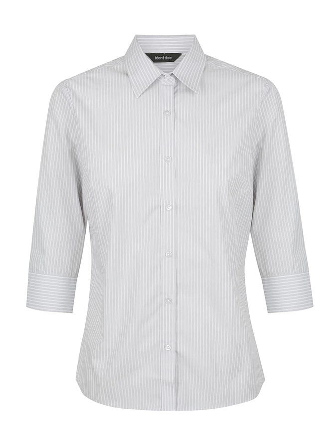 A grey and white striped ladies' 3/4 sleeve button-up shirt, featuring a collar and a logo.