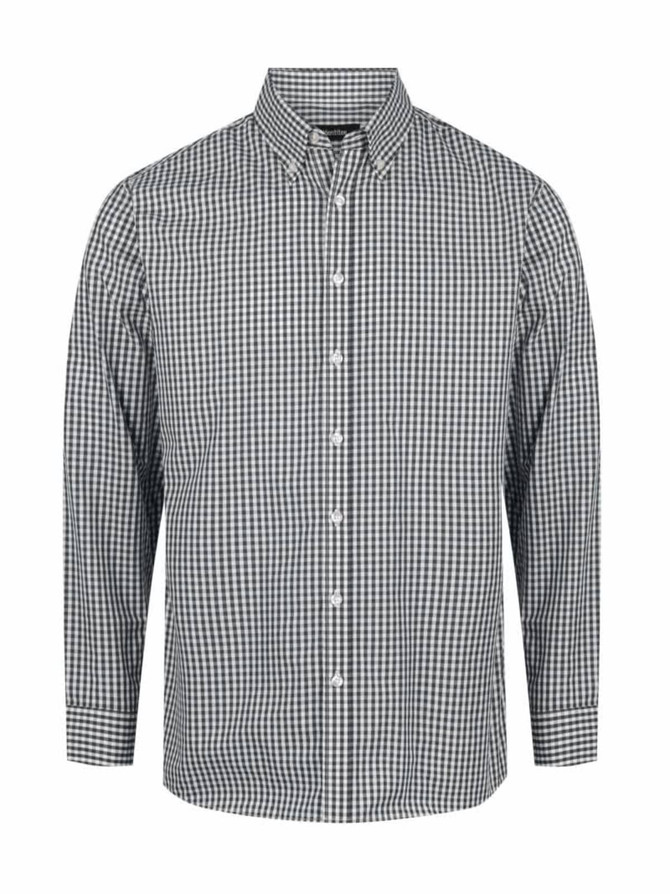 A long sleeve button-up shirt in black and white gingham pattern, featuring a collar and button front.