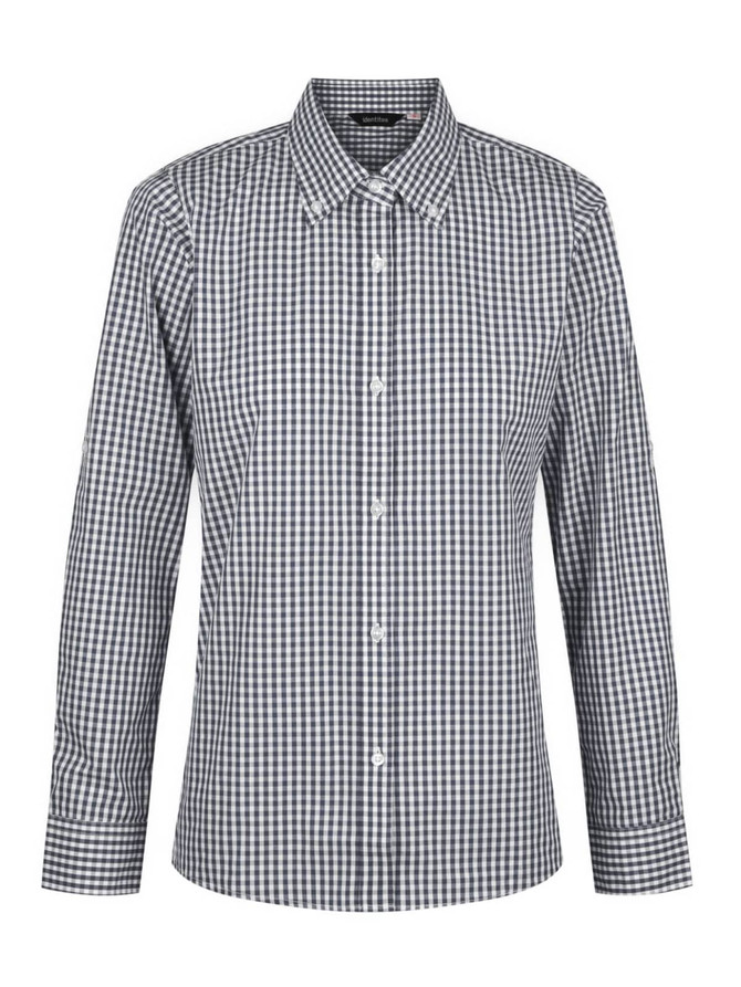 A ladies long sleeve button-up shirt in a black and white check pattern, featuring a logo.