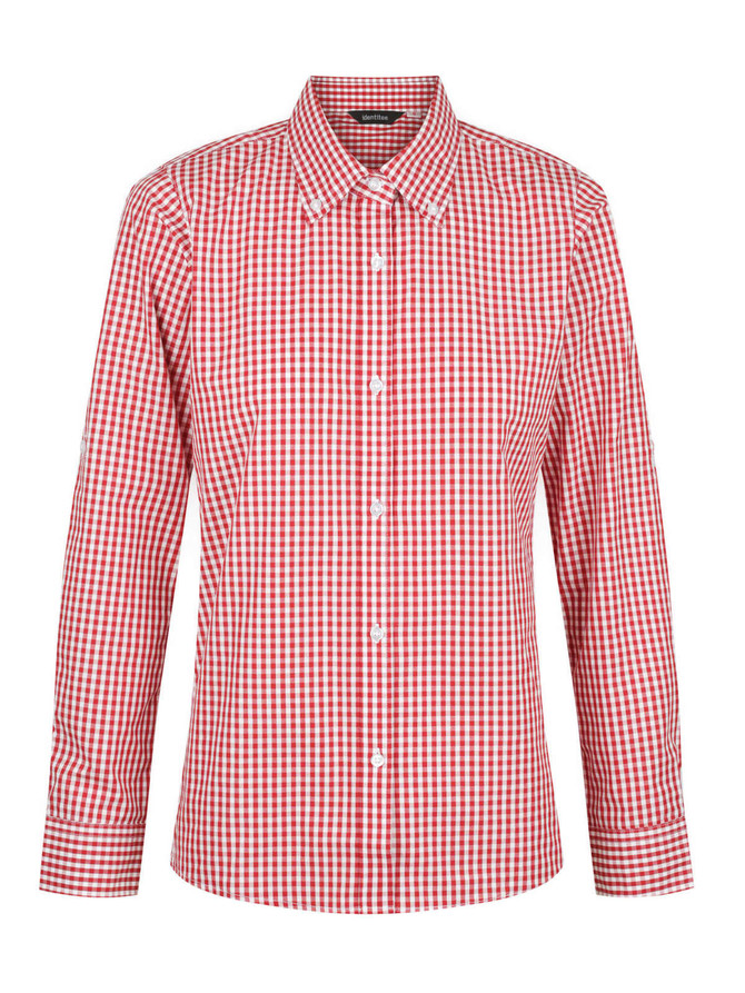 A red and white checked long sleeve button-up shirt with a collar and fitted design. It features a logo.