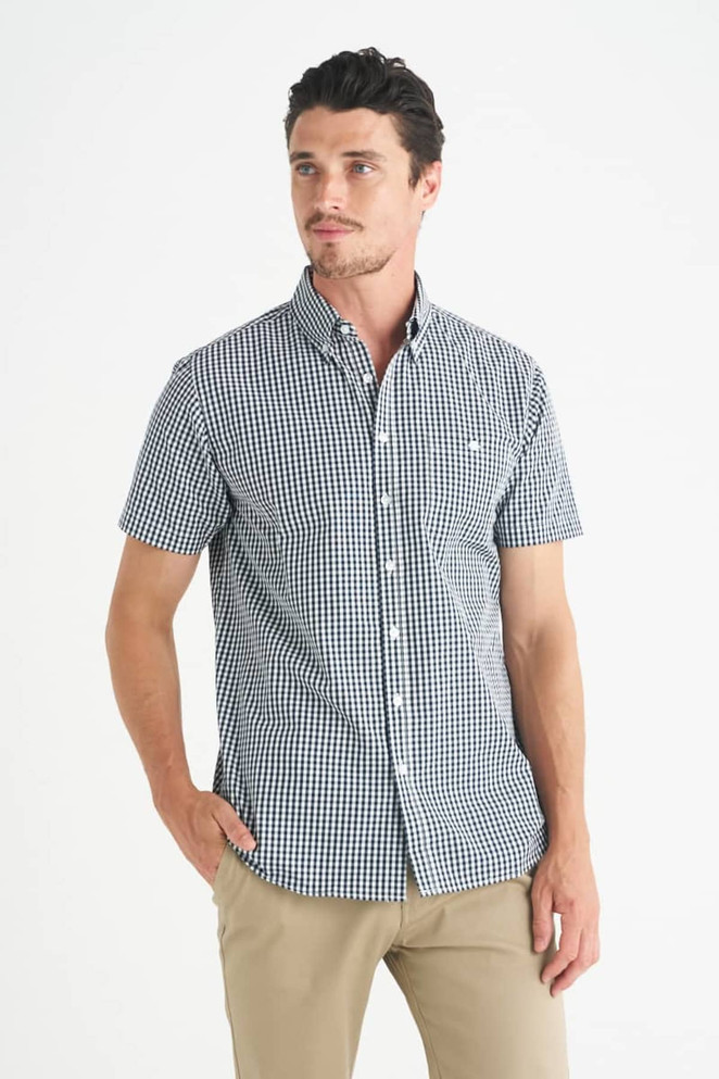 A men's short sleeve button-up shirt featuring a navy and white gingham pattern and a logo.