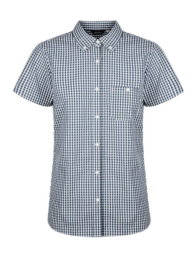 A checked ladies short sleeve shirt in navy and white with a button-up design and a chest pocket.
