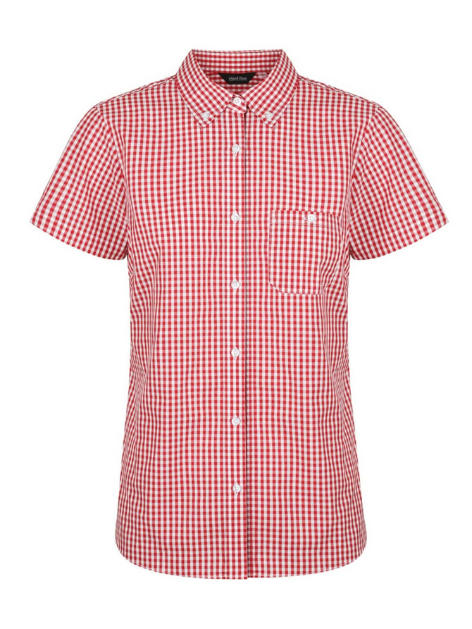 A red and white checkered ladies short sleeve button-up shirt with a pocket and logo.